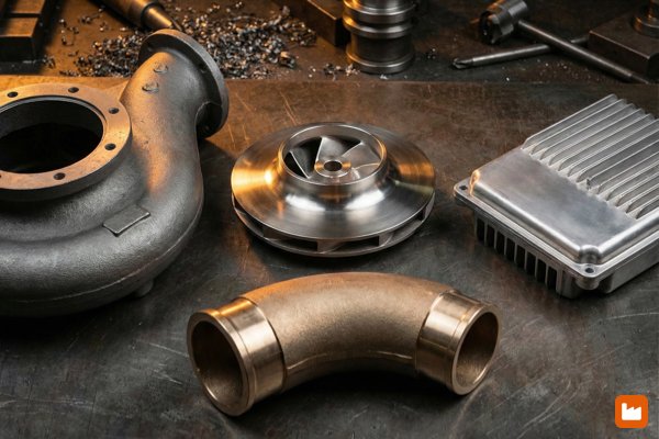 Various metal casting components including investment casting turbine impeller, sand cast pump housing, and die cast aluminum parts