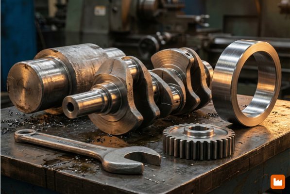 Various forged steel components including closed-die forged crankshaft, open-die forged shaft, and seamless rolled rings