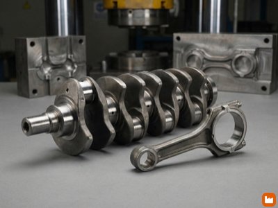 Closed-die forged automotive components including crankshaft and connecting rod with precision impression die forging and visible parting line
