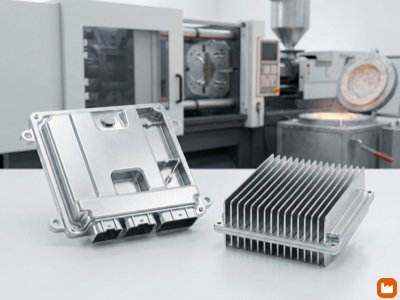 Aluminum die casting components including automotive electronic housing and heat sink with cooling fins and bright polished finish