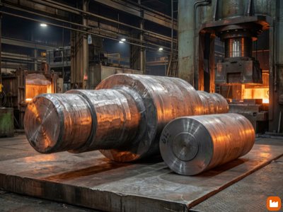 Large open-die forged components including massive steel shaft and cylindrical roller with visible forging hammer marks and grain structure
