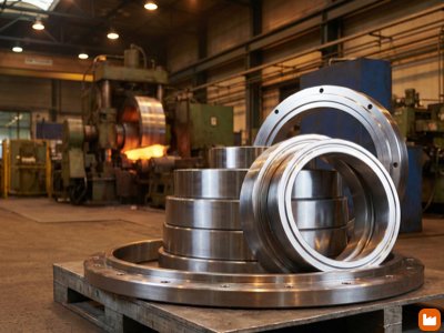 Seamless rolled rings in various sizes including steel bearing rings and flanges stacked together with smooth circumferential surface