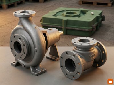 Sand casting metal components including gray iron pump housing and valve body with visible sand casting surface texture